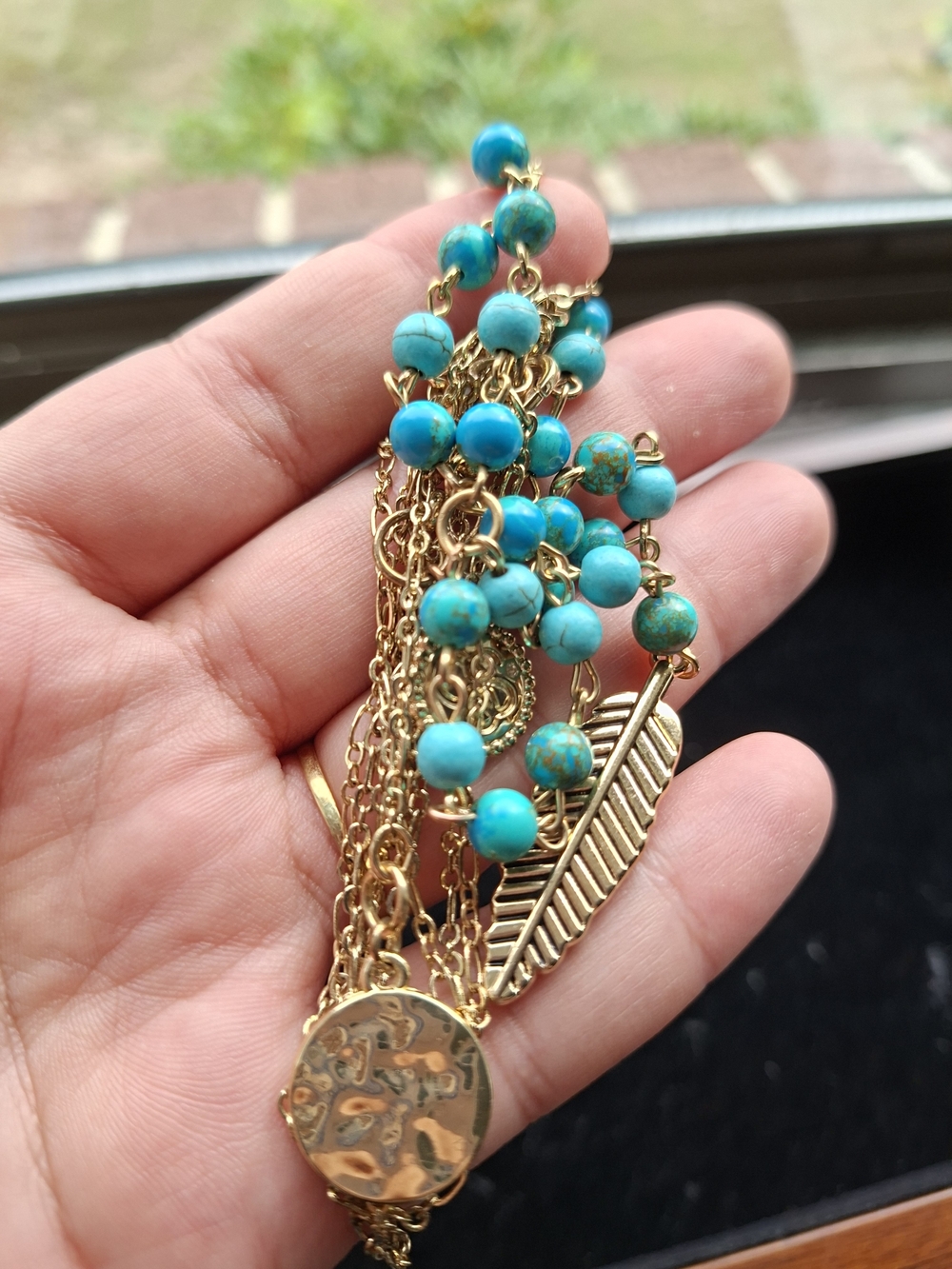 Gold Chain with Turquoise Beads and Feather Charm Fashion Necklace